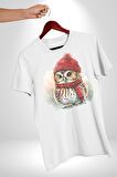 Kış Kırmızı Atkı Bere Baykuş Kadın Erkek Unisex Beyaz Organik Baskılı T-Shirt Penye Yüksek Kalite
