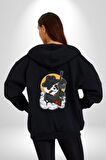 Gangster Panda  Kadın Erkek Siyah Renk Kapüşonlu Kanguru Cepli  Fermuarlı Pamuklu Oversize Dijital Baskılı Hırka Sweatshirt