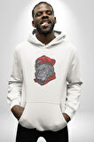 Kırmızı Şapka Maymun  Kadın Erkek  Beyaz Kapüşonlu Sweatshirt Hoodie