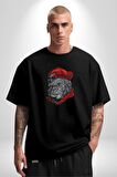 Kırmızı Şapka Maymun  Pamuklu Bisiklet Yaka Kadın Erkek Oversize Boyfriend Dijital Baskılı Siyah T-shirt