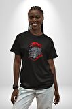 Kırmızı Şapka Maymun  Pamuklu Bisiklet Yaka Kadın Erkek Oversize Boyfriend Dijital Baskılı Siyah T-shirt