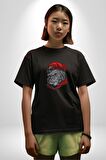 Kırmızı Şapka Maymun  Pamuklu Bisiklet Yaka Kadın Erkek Oversize Boyfriend Dijital Baskılı Siyah T-shirt