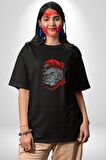 Kırmızı Şapka Maymun  Pamuklu Bisiklet Yaka Kadın Erkek Oversize Boyfriend Dijital Baskılı Siyah T-shirt
