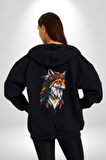 Kızılderili Tilki  Kadın Erkek Siyah Renk Kapüşonlu Kanguru Cepli  Fermuarlı Pamuklu Oversize Dijital Baskılı Hırka Sweatshirt