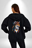 Kızılderili Tilki  Kadın Erkek Siyah Renk Kapüşonlu Kanguru Cepli  Fermuarlı Pamuklu Oversize Dijital Baskılı Hırka Sweatshirt