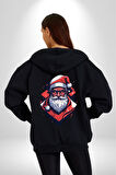 Cool Santa Claus Noel Baba Kadın Erkek Siyah Renk Kapüşonlu Kanguru Cepli  Fermuarlı Pamuklu Oversize Dijital Baskılı Hırka Sweatshirt