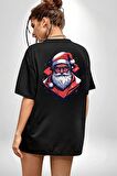 Cool Santa Claus Noel Baba Siyah Oversize Kadın Erkek Ön ve Sırt Baskılı Tişört