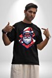 Cool Santa Claus Noel Baba Pamuklu Bisiklet Yaka Kadın Erkek Oversize Boyfriend Dijital Baskılı Siyah T-shirt