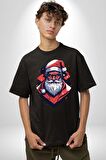 Cool Santa Claus Noel Baba Pamuklu Bisiklet Yaka Kadın Erkek Oversize Boyfriend Dijital Baskılı Siyah T-shirt