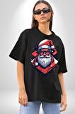 Cool Santa Claus Noel Baba Pamuklu Bisiklet Yaka Kadın Erkek Oversize Boyfriend Dijital Baskılı Siyah T-shirt