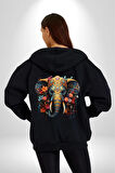Bereket Fil Hintli Tasarım Kadın Erkek Siyah Renk Kapüşonlu Kanguru Cepli  Fermuarlı Pamuklu Oversize Dijital Baskılı Hırka Sweatshirt