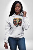 Bereket Fil Hintli Tasarım Kadın Erkek  Beyaz Kapüşonlu Sweatshirt Hoodie