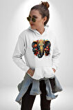 Bereket Fil Hintli Tasarım Kadın Erkek  Beyaz Kapüşonlu Sweatshirt Hoodie
