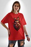 Çikolata Kız Kalbi Pamuklu Bisiklet Yaka Kadın Erkek Oversize Boyfriend Dijital Baskılı Kırmızı T-Shirt