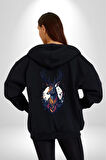 Geyik Kafası Yapraklar Kadın Erkek Siyah Renk Kapüşonlu Kanguru Cepli  Fermuarlı Pamuklu Oversize Dijital Baskılı Hırka Sweatshirt