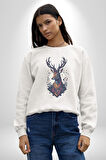 Geyik Kafası Yapraklar Kadın Erkek  Beyaz Baskılı Sweatshirt 