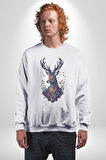 Geyik Kafası Yapraklar Kadın Erkek  Beyaz Baskılı Sweatshirt 