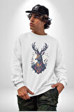 Geyik Kafası Yapraklar Kadın Erkek  Beyaz Baskılı Sweatshirt 