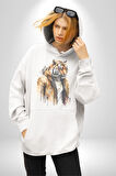 Cool Yakışıklı Kapüşonlu Spor Kaplan Kadın Erkek  Beyaz Kapüşonlu Sweatshirt Hoodie