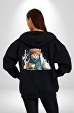 Türk Kahvesi Kedi  Kadın Erkek Siyah Renk Kapüşonlu Kanguru Cepli  Fermuarlı Pamuklu Oversize Dijital Baskılı Hırka Sweatshirt