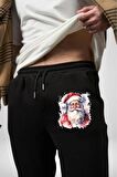 Mutlu Noel Baba Yeni Yıl Tasarımı Pamuklu 3 İplik Siyah Eşofman Altı Erkek Oversize Kesim Dijital Baskılı