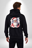 Mutlu Noel Baba Yeni Yıl Tasarımı Kadın Erkek Siyah Renk Kapüşonlu Kanguru Cepli  Fermuarlı Pamuklu Oversize Dijital Baskılı Hırka Sweatshirt