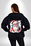 Mutlu Noel Baba Yeni Yıl Tasarımı Kadın Erkek Siyah Renk Kapüşonlu Kanguru Cepli  Fermuarlı Pamuklu Oversize Dijital Baskılı Hırka Sweatshirt