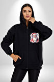 Mutlu Noel Baba Yeni Yıl Tasarımı Kadın Erkek Siyah Renk Kapüşonlu Kanguru Cepli  Fermuarlı Pamuklu Oversize Dijital Baskılı Hırka Sweatshirt