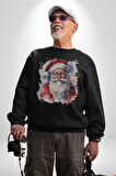 Mutlu Noel Baba Yeni Yıl Tasarımı Kadın Erkek  Siyah Baskılı Sweatshirt 