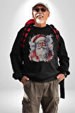 Mutlu Noel Baba Yeni Yıl Tasarımı Kadın Erkek  Siyah Baskılı Sweatshirt 