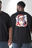 Mutlu Noel Baba Yeni Yıl Tasarımı Büyük Beden Siyah Tişört Kadın Erkek Ünisex Sırt Baskılı