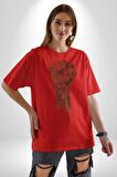İşci Bayramı Simgesi Pamuklu Bisiklet Yaka Kadın Erkek Oversize Boyfriend Dijital Baskılı Kırmızı T-Shirt