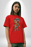 Voofoo Bebeği Doll Doldurulmuş Bebek Pamuklu Bisiklet Yaka Kadın Erkek Oversize Boyfriend Dijital Baskılı Kırmızı T-Shirt