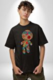 Voofoo Bebeği Doll Doldurulmuş Bebek Pamuklu Bisiklet Yaka Kadın Erkek Oversize Boyfriend Dijital Baskılı Siyah T-shirt