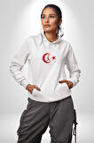 Ay Yıldız Kırmızı Kemal Atatürk İmza Kadın Erkek  Beyaz Kapüşonlu Sweatshirt Hoodie