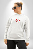 Ay Yıldız Kırmızı Kemal Atatürk İmza Kadın Erkek  Beyaz Kapüşonlu Sweatshirt Hoodie