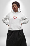 Ay Yıldız Kırmızı Kemal Atatürk İmza Kadın Erkek  Beyaz Kapüşonlu Sweatshirt Hoodie