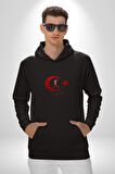 Ay Yıldız Kırmızı Kemal Atatürk İmza Kadın Erkek  Siyah Kapüşonlu Sweatshirt Hoodie