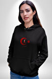 Ay Yıldız Kırmızı Kemal Atatürk İmza Kadın Erkek  Siyah Kapüşonlu Sweatshirt Hoodie