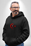 Ay Yıldız Kırmızı Kemal Atatürk İmza Kadın Erkek  Siyah Kapüşonlu Sweatshirt Hoodie
