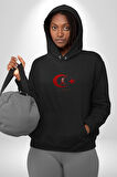 Ay Yıldız Kırmızı Kemal Atatürk İmza Kadın Erkek  Siyah Kapüşonlu Sweatshirt Hoodie
