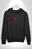 Ay Yıldız Kırmızı Kemal Atatürk İmza Kadın Erkek  Siyah Kapüşonlu Sweatshirt Hoodie