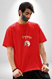 Türk Kurt Beyaz Ay Pamuklu Bisiklet Yaka Kadın Erkek Oversize Boyfriend Dijital Baskılı Kırmızı T-Shirt
