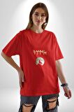 Türk Kurt Beyaz Ay Pamuklu Bisiklet Yaka Kadın Erkek Oversize Boyfriend Dijital Baskılı Kırmızı T-Shirt