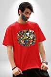 Turkiye Özel Karakterleri Pamuklu Bisiklet Yaka Kadın Erkek Oversize Boyfriend Dijital Baskılı Kırmızı T-Shirt