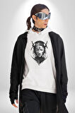 Asyalı Samuray Siyah Beyaz Dövmeli Çift Yüz Kadın Erkek  Beyaz Kapüşonlu Sweatshirt Hoodie