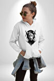 Asyalı Samuray Siyah Beyaz Dövmeli Çift Yüz Kadın Erkek  Beyaz Kapüşonlu Sweatshirt Hoodie