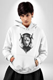 Asyalı Samuray Siyah Beyaz Dövmeli Çift Yüz Kadın Erkek  Beyaz Kapüşonlu Sweatshirt Hoodie