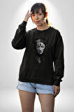 Asyalı Samuray Siyah Beyaz Dövmeli Çift Yüz Kadın Erkek  Siyah Baskılı Sweatshirt 