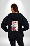 Beyaz Highland Teriyeri Kırmızı Gül Kadın Erkek Siyah Renk Kapüşonlu Kanguru Cepli  Fermuarlı Pamuklu Oversize Dijital Baskılı Hırka Sweatshirt